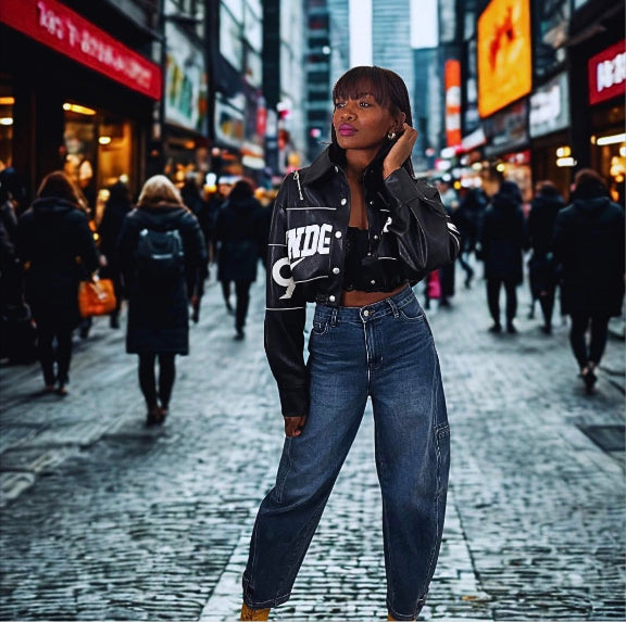 Woman in a stylish outfit on a busy city street at night.