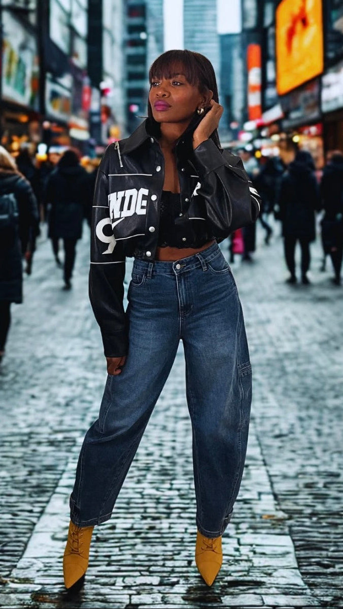 Person wearing a black leather jacket with white text, blue jeans, and yellow boots on a city street.
